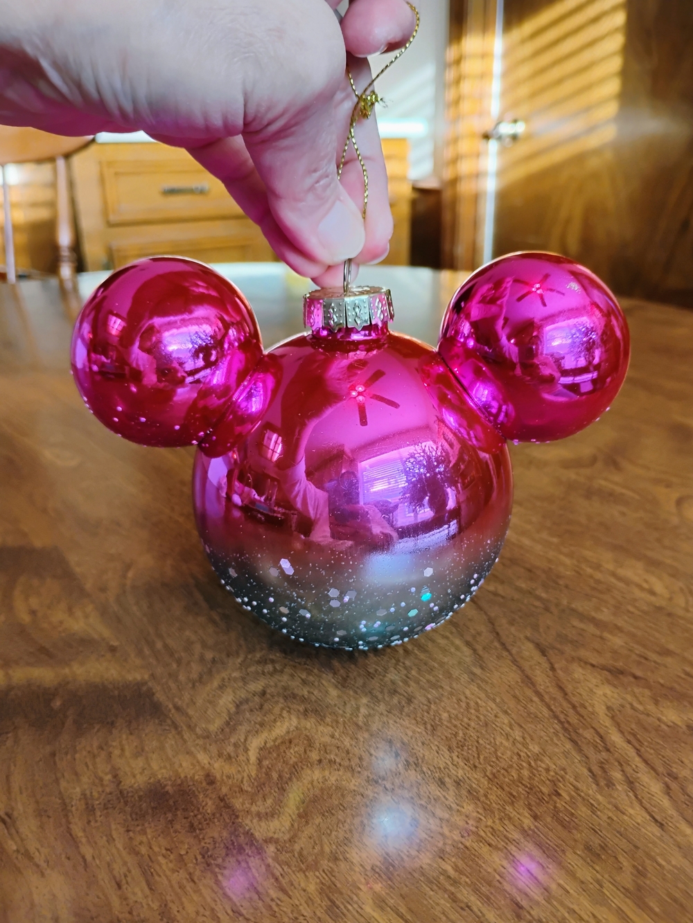 Disney Mickey Mouse Pink/ Blue Ombre Icon Glass Ball Glitter SketchBook Ornament